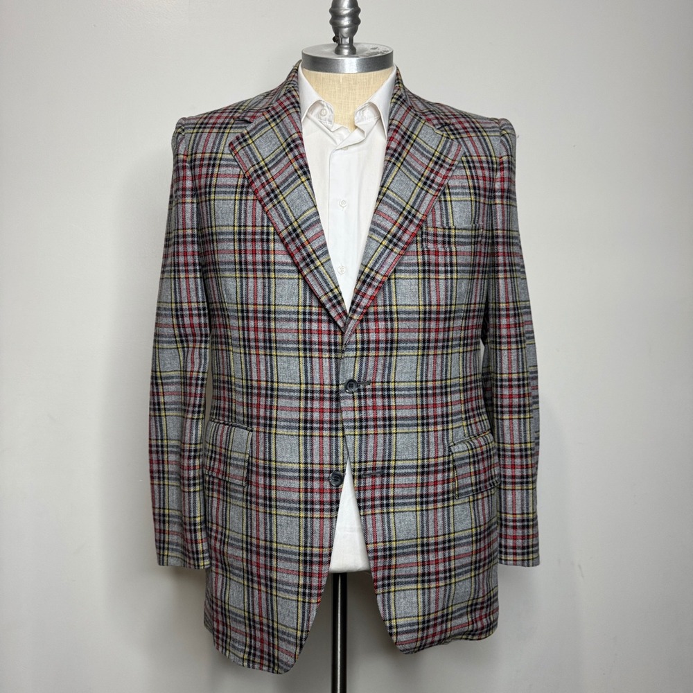 1960s Kingston Clothes Plaid Blazer 42L Mens Grey Red Yellow Classic Fit